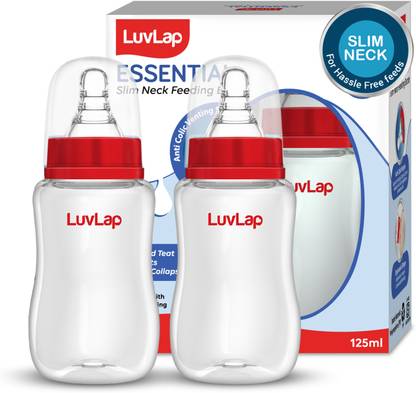 LuvLap Anti-Colic Slim/Regular Neck Essential Baby Feeding Bottle, BPA Free Pack of 2 - 125 ml