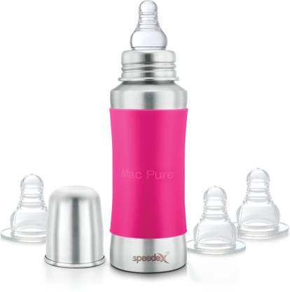 SPEEDEX Stainless Steel Baby Feeding Bottle with Internal ML Marking, Silicon Stopper & Silicon Grip (240 ml) (3 Extra Nipple Free) - 240 ml