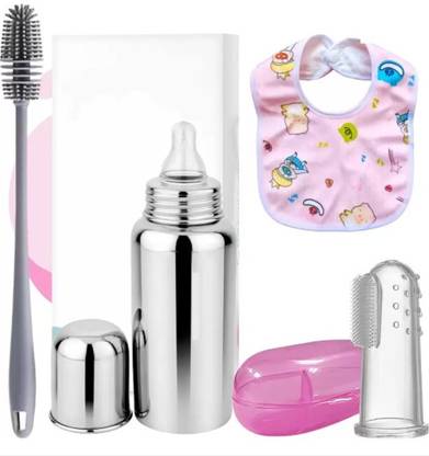 Royal krafts Stainless Steel Baby Feeding Bottle with Cleaning Brush, Finger Toothbrush & Bib - 240 ml