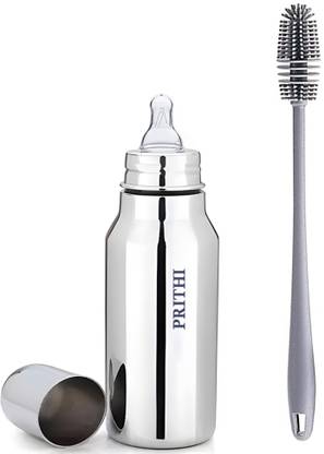 Prithi Home's and Kitchen 250ml Stainless steel Feeding bottle for Milk feeding and water + Silicone Brush - 250 ml
