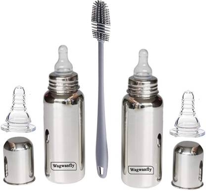 Wagwanfly Steel Feeding Bottle With Silicone Nipple 1 Cleaning Brush feeding bottle steel - 240 ml