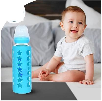 Drake Soft Silicon Nipple Glass Feeding Bottle 240 ML -Blue - 240 ml