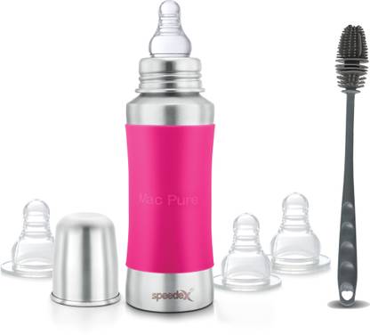 SPEEDEX Stainless Steel Baby Feeding Bottle , Brush (240 ml, 3 Extra Nipple Free)-Pink - 240 ml