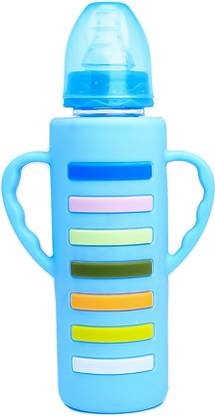 The Little Lookers Glass Feeding Bottle with Handle Silicon Cover for Baby - Blue (240ml) - 240 ml