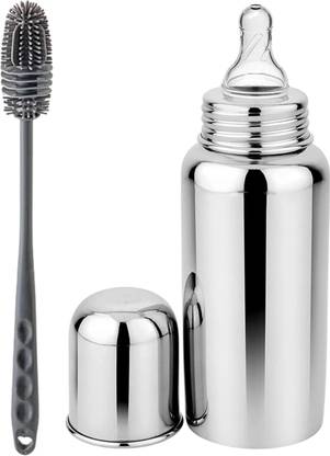 Pappa Premium Stainless Steel Baby Feeding Bottle with Long Handle silicone Brush - 300 ml