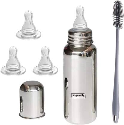 Wagwanfly Steel Baby Feeding Bottle with Cleaning Brushes 1 Nipple Free - 240 ml