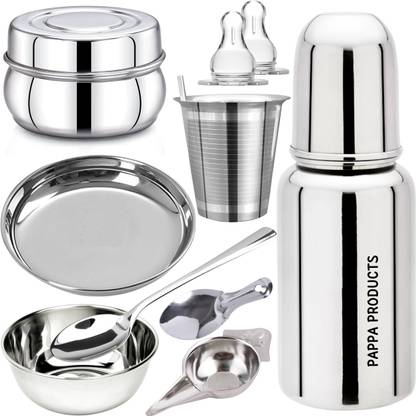 PGD Baby Feeding Bottle, Feeder, Bowls, Spoons, Straw Glass, Glass Plate, 2 Nipple  - Stainless Steel
