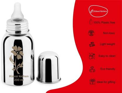 Klassi Kichen Stainless Steel Feeding Bottle With Laser Flower Design With 1 Extra Silicone Nipple - 200 ml