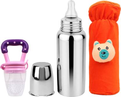 BLUSCAILE Baby Steel Feeding Bottle with Anti Colic Valve, for Babies 250 ml (Silver) - 250 ml
