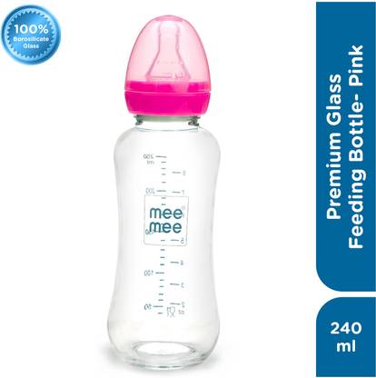 MeeMee Premium Glass Feeding Bottle - Pink - 240 ml