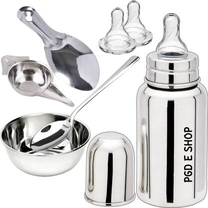 PGD Baby Gift Set Steel Feeding Bottle, Feeder, Spoons set, Bowl, Extra 2 nipples - 150 ml