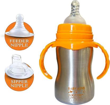 JOYFILLS 2 in 1 Baby Stainless Steel Feeding Bottle for Kids/Infants | Sipper, Nipple - 240 ml