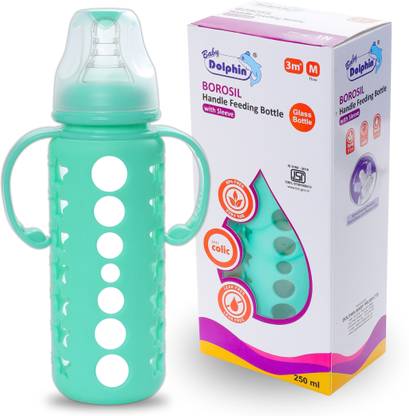 Baby Dolphin Anti-Colic Borosil Glass Feeding Bottle with Handle & Sleeve, Bpa Free - 250 ml