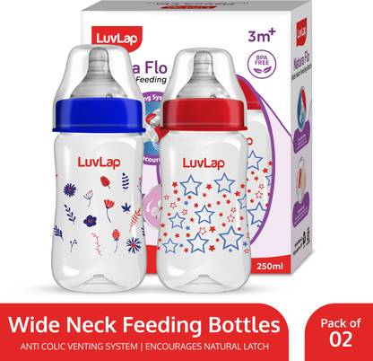 LuvLap Anti-Colic Wide Neck Natural Flow Baby Feeding Bottle, Floral BPA Free Pack of 2 - 250 ml