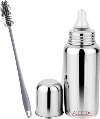 AEREX Stainless Steel Baby Milk Feeding Bottle for With Brush for Babies Toddlers - 240 ml