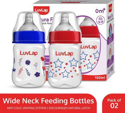LuvLap Anti-Colic Wide Neck Natural Flow Baby Feeding Bottle, Floral BPA Free Pack of 2 - 150 ml