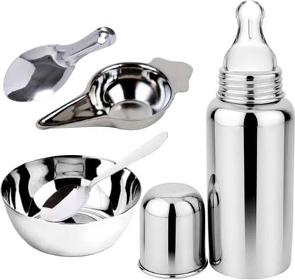 Pappa New born baby Gift set of Regular steel feeding bottle , Feeder, Spoon set, Bowl - 300 ml