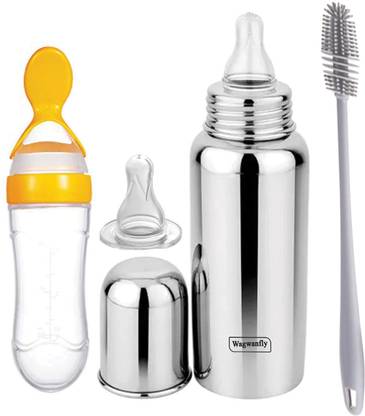 Wagwanfly Stainless Steel New Born Baby Feeding Bottle for Milk Water With Spoon Feeder - 240 ml