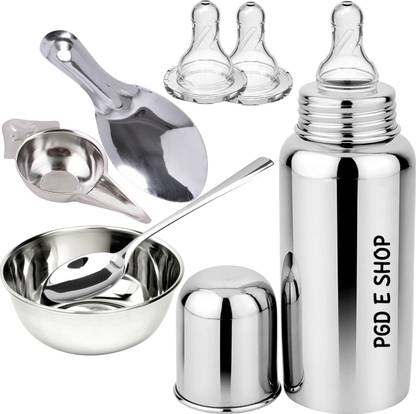 PGD Baby Full Gift Set Steel Feeding Bottle, Feeder, Spoons, Bowl, Extra 2 nipples - 300 ml