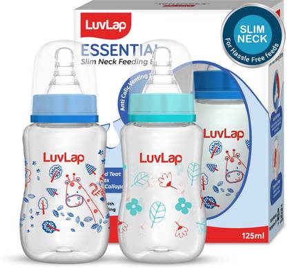 LuvLap Anti-Colic Slim Neck Essential Baby Feeding Bottle, Jungle Tales Pack of 2 - 125 ml