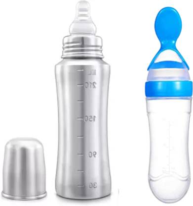 Babylib Stainless Steel Baby Milk Bottle, With Silicon Spoon Feeder Bottle 90 ml - 250 ml