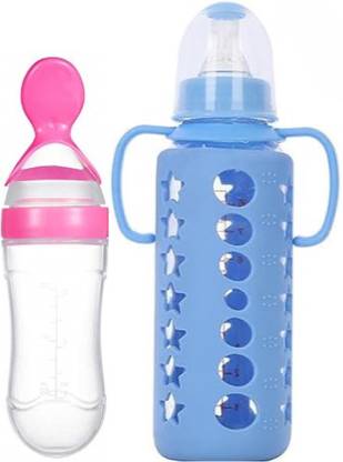 AR ASHIOR Baby Glass Feeding Bottle & Spoon Feeder With Silicone Nipple & Training Handle. - 240 ml