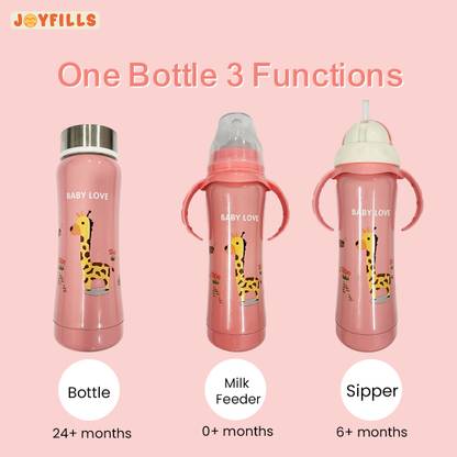JOYFILLS 3 in 1 Baby Stainless Steel Feeding Bottle for Kids/Infants With Two Bibs. - 240 ml