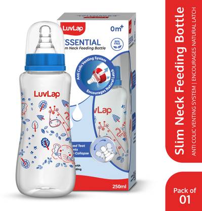 LuvLap Anti-Colic Slim Neck Essential Baby Feeding Bottle, Jungle Tales Design - 250 ml