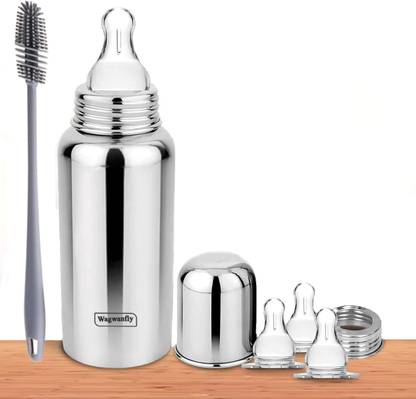 Wagwanfly Stainless Steel New Born Baby Feeding Bottle With Silicone 3 Nipple - 240 ml