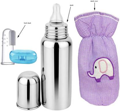 ojus fashion hub Stainless Steel Feeding Bottle for New Born Baby with Cover & Tooth Brush - 250 ml