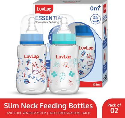 LuvLap Anti-Colic Slim/Regular Neck Essential Baby Feeding Bottle, BPA Free Pack of 1 - 125 ml