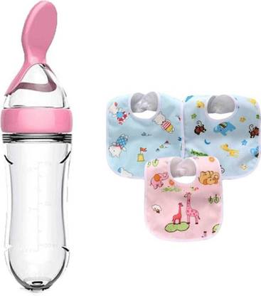 CHILD CHIC Feeding Combo Pack Spoon Bottle Feeder & Three Cartoon Print WaterProof Bibs - 90 ml