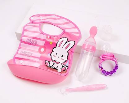SHOPPIZONE Baby Silicone Bibs for Babies,1 Spoon Feeder,1Rattle Fruit Feeder,1 spoon