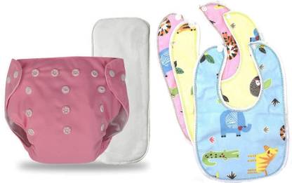 TINNY TOTS Baby Reusable Adjustable Cloth Diaper With Insert + 3 Baby Bibs Combo