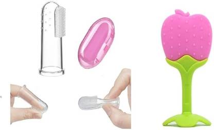 QinPin Combo Soft Silicone Finger Brush &fruit teethers Soft gentle to chew on for baby