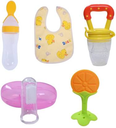 TINNY TOTS Baby Feeding Bottle| Silicone Teether| Fruit Nibbler| Finger Brush| Button Bib