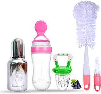 Goodmunchkins SS Feeding Bottle-150ml/Silicone Spoon Feeder/Fruit Feeder/Silicone Brush