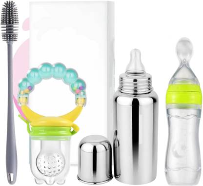 Millionminds 250ML Baby Milk Bottle, Squeezy Food Feeder Spoon 90ml, Cleaning Brush, Teether