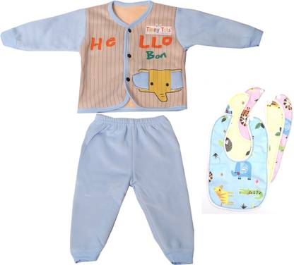 TINNY TOTS New Born Baby Premium Winter Printed Top and Bottom Pajami With 3 Bibs