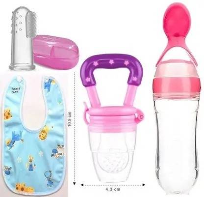 KERA WHITE Silicon Baby Fruit Nibbler, Finger Brush, Bibs & Spoon Feeder combo