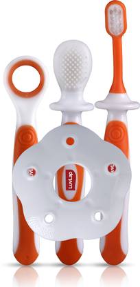 LuvLap Baby Training Toothbrush Set with Anti Choking Shield, Teeth Tongue Cleaner, Baby Oral Hygiene, 3 pcs, (White/Orange)