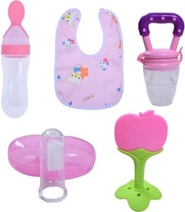 TINNY TOTS Baby Spoon Feeding Bottle | Fruit Nibbler Teether| Finger Brush| Cotton Bib