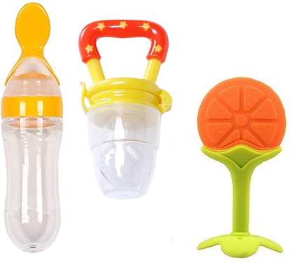 Justlist Infant Baby Squeezy Food Grade Silicone Bottle Feeder & Fruit Shape Silicone Teether with Fruit Pacifier (Squeezy Feeder + Pacifier + Teether) (Pack of 3)