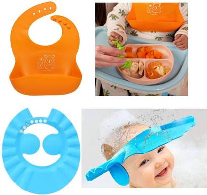 DECRONICS Baby Bath Cap, Hair Wash Cap & Waterproof Silicone Bibs for Baby, Combo Set of 2