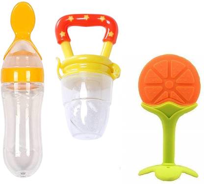 Justlist Infant Baby Squeezy Food Grade Silicone Bottle Feeder & Fruit Shape Silicone Teether with Fruit Pacifier (Squeezy Feeder + Pacifier + Teether) (Pack of 3)