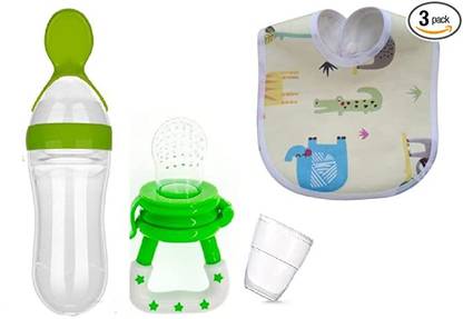 Prettify My NewBorn Baby Fruit Nibbler And Spoon Bottel And 1 pIECE Bib Pack Of 3