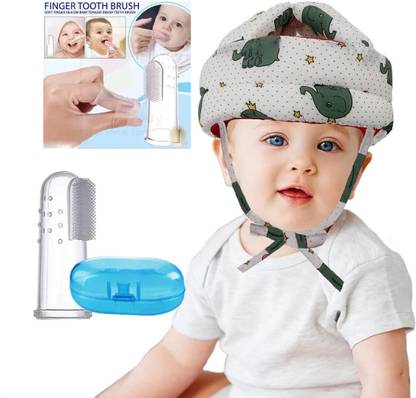Millionminds Soft Finger Toothbrush Tongue Cleaner & Safety Helmet for Baby (Pack of 2,Combo)