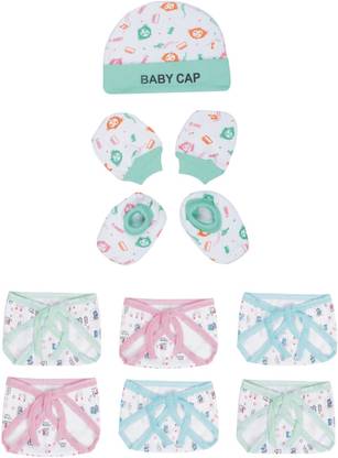 MEEOWMEE COMBO NEW BORN BABY NAPPY,DIAPER,LANGOT PACK OF 6 & BABY CAP,MITTEN,BOOTIES SET