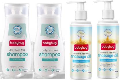 babyhug Daily Tear Free Shampoo 2x200ml & Mineral Oil Free Massage Oil 2x100ml -Set of 4