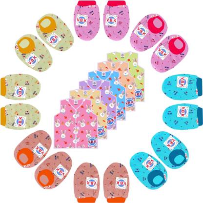 V.B.K Baby Dress Cloth Set With Mitten Booties and Jabla, Hosiery and Cotton,0-6 Month